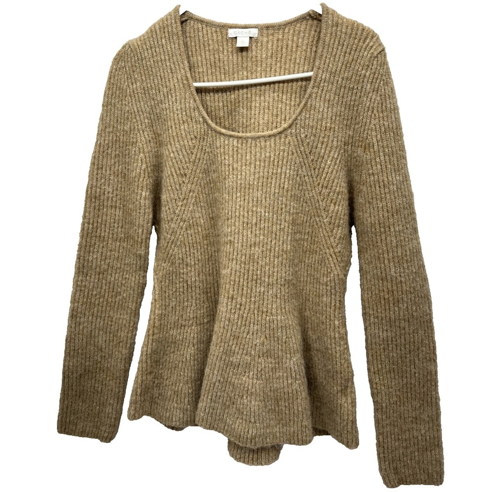 Cache XL Tan Ribbed Knit Peplum Sweater Top Scoop Neck‎ Long Sleeve Soft Cozy